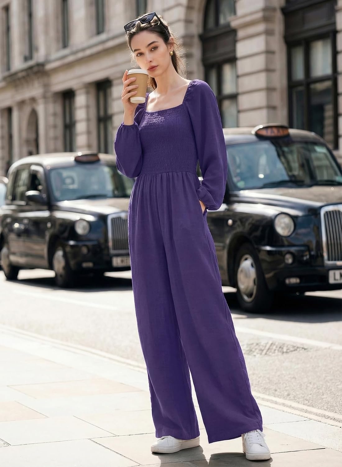 image:imageDokotoo Womens Jumpsuits One Piece Long Sleeve Wide Leg Long Pant RompersTillandsia Purple