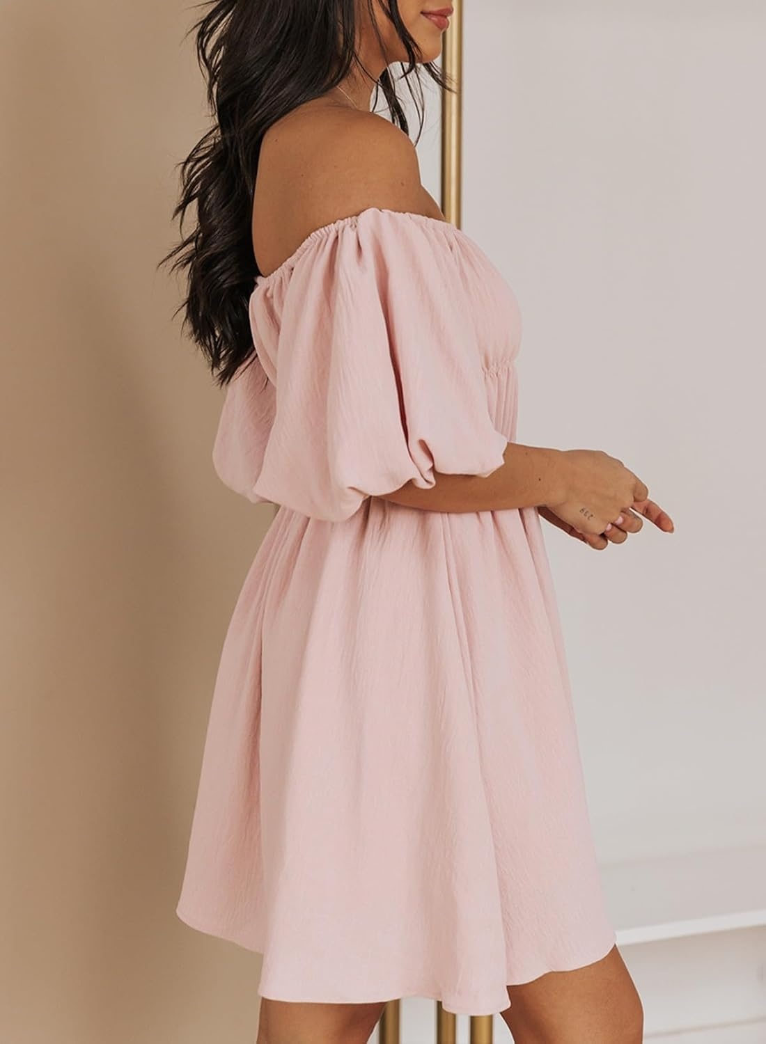 image:imageDokotoo Womens Off The Shoulder Elastic Waist Summer DressesA Pink
