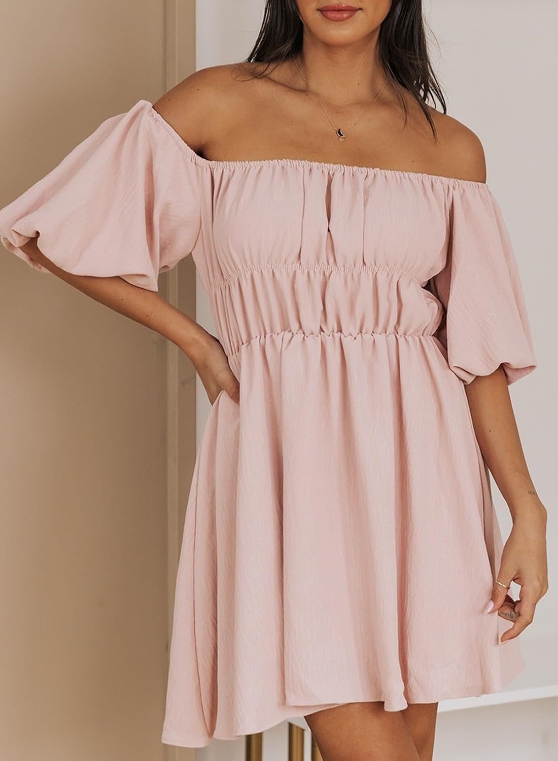 image:imageDokotoo Womens Off The Shoulder Elastic Waist Summer DressesA Pink