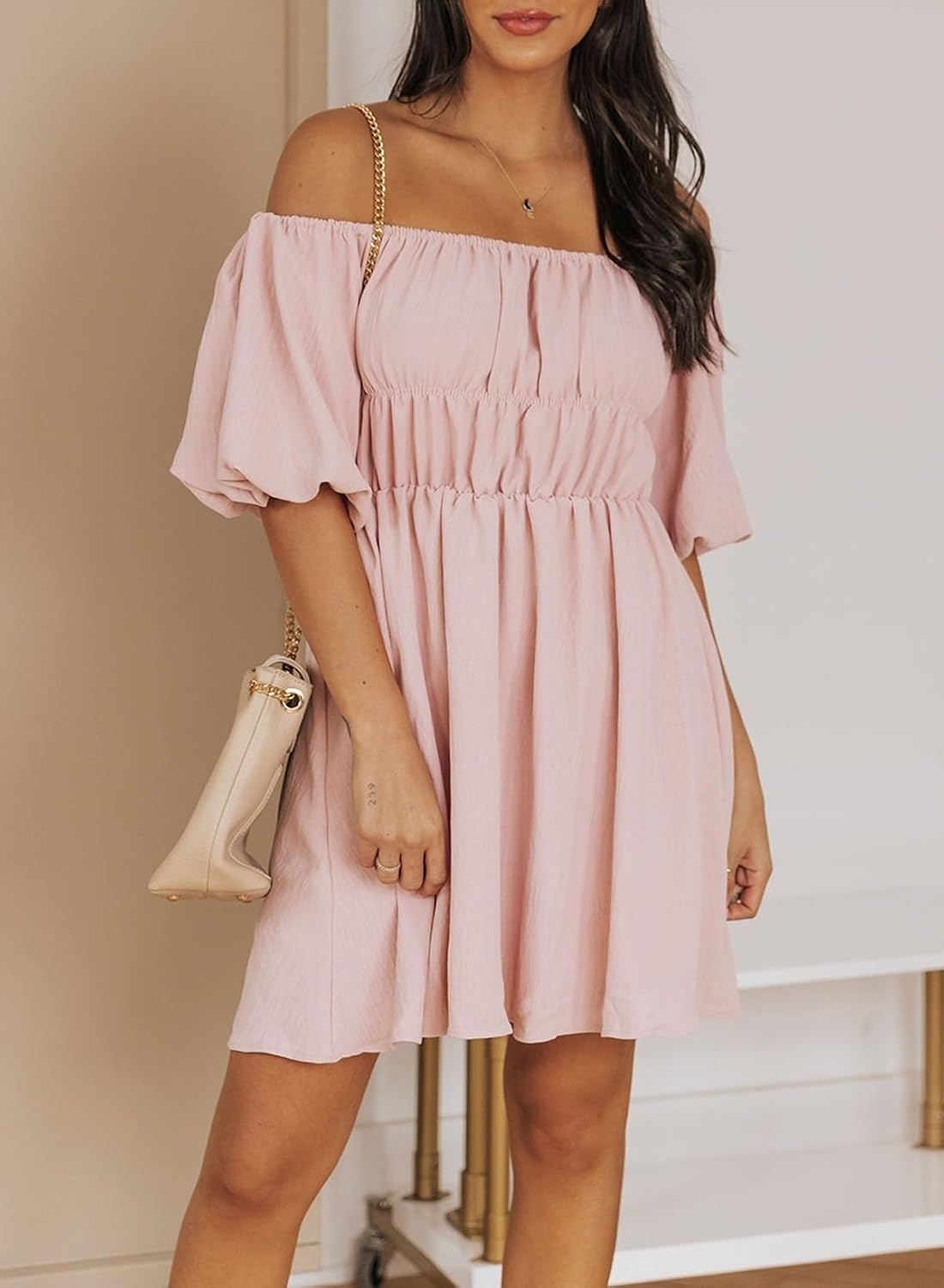 image:imageDokotoo Womens Off The Shoulder Elastic Waist Summer DressesA Pink