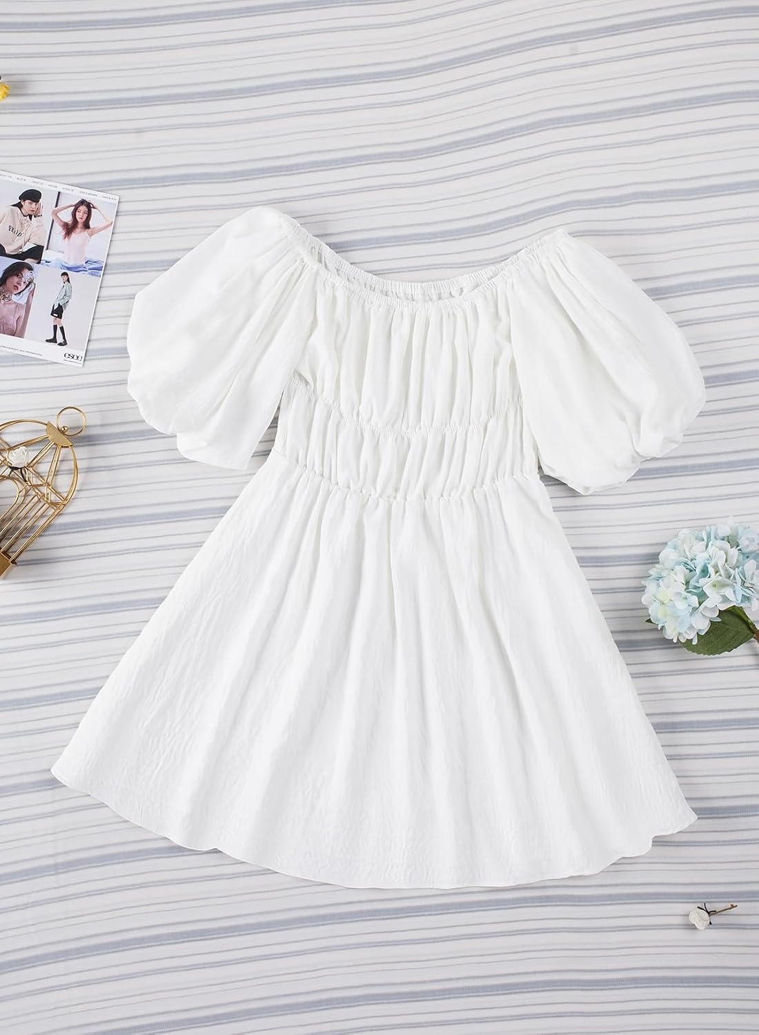 image:imageDokotoo Womens Off The Shoulder Elastic Waist Summer DressesA White