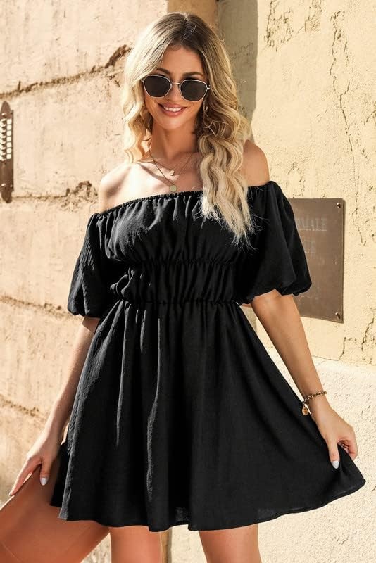 image:imageDokotoo Womens Off The Shoulder Elastic Waist Summer DressesC Black