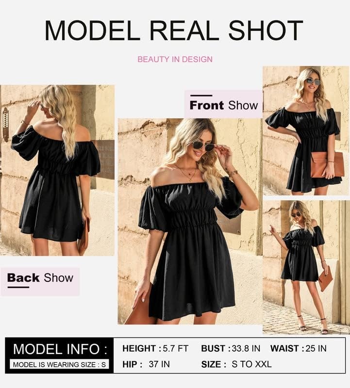 image:imageDokotoo Womens Off The Shoulder Elastic Waist Summer DressesC Black