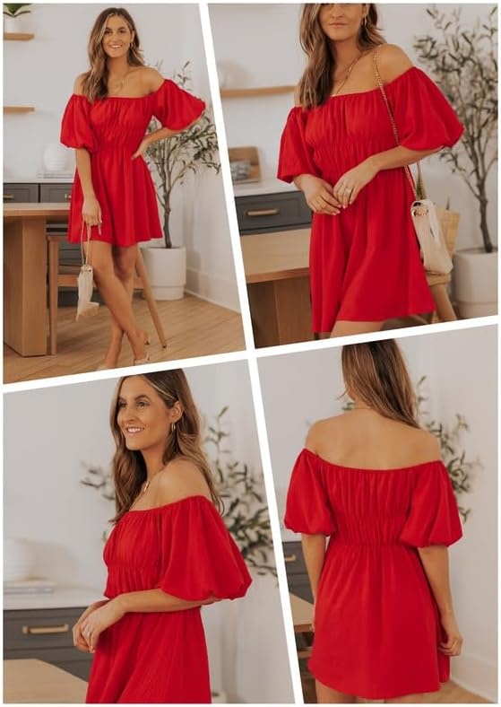 image:imageDokotoo Womens Off The Shoulder Elastic Waist Summer DressesC Red