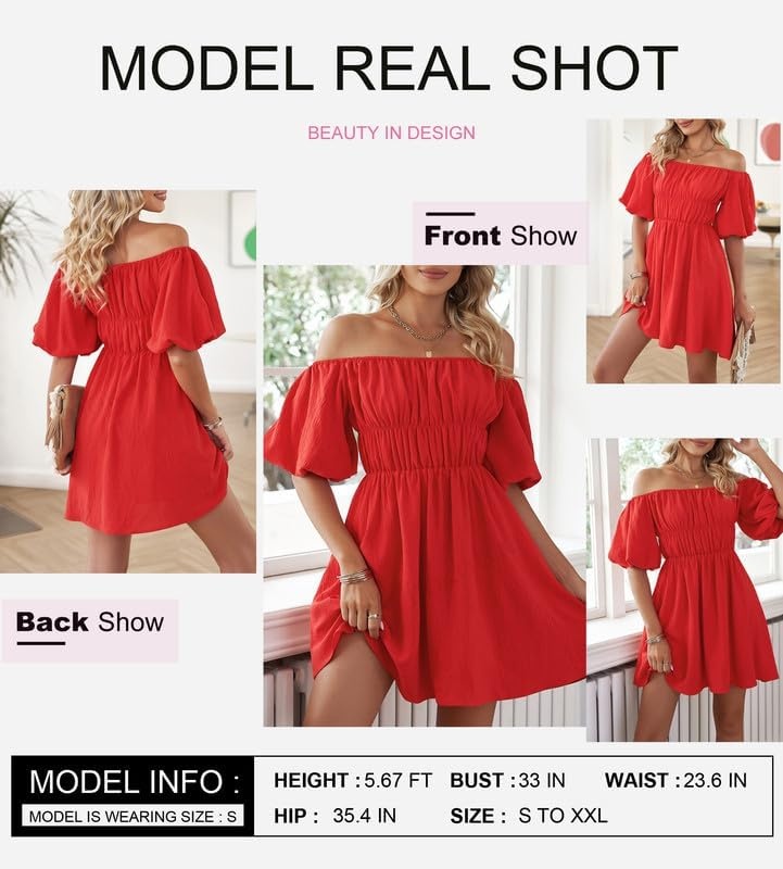 image:imageDokotoo Womens Off The Shoulder Elastic Waist Summer DressesC Red