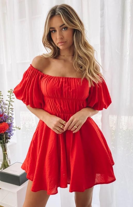 image:imageDokotoo Womens Off The Shoulder Elastic Waist Summer DressesC Red
