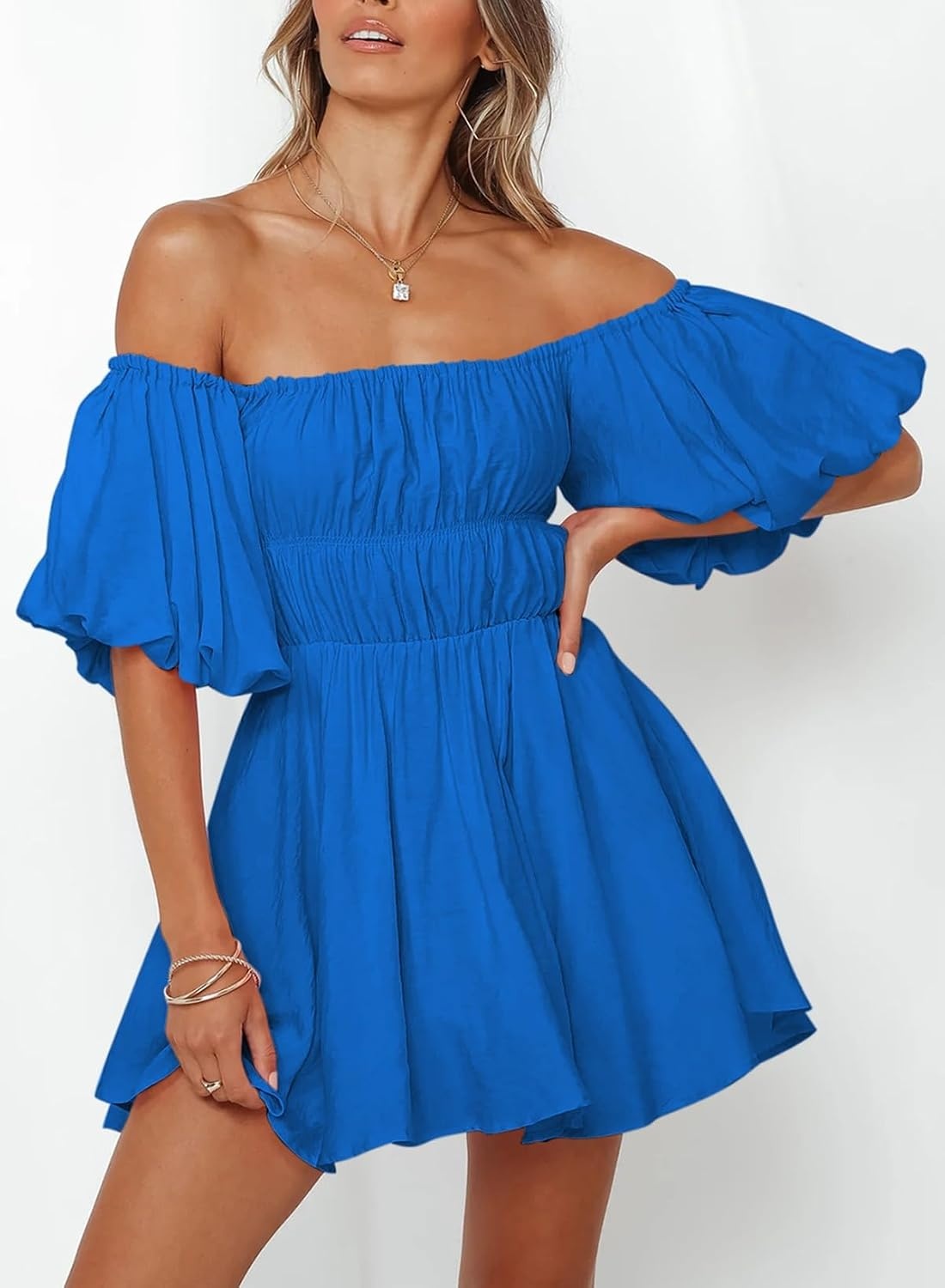 image:imageDokotoo Womens Off The Shoulder Elastic Waist Summer DressesD Blue