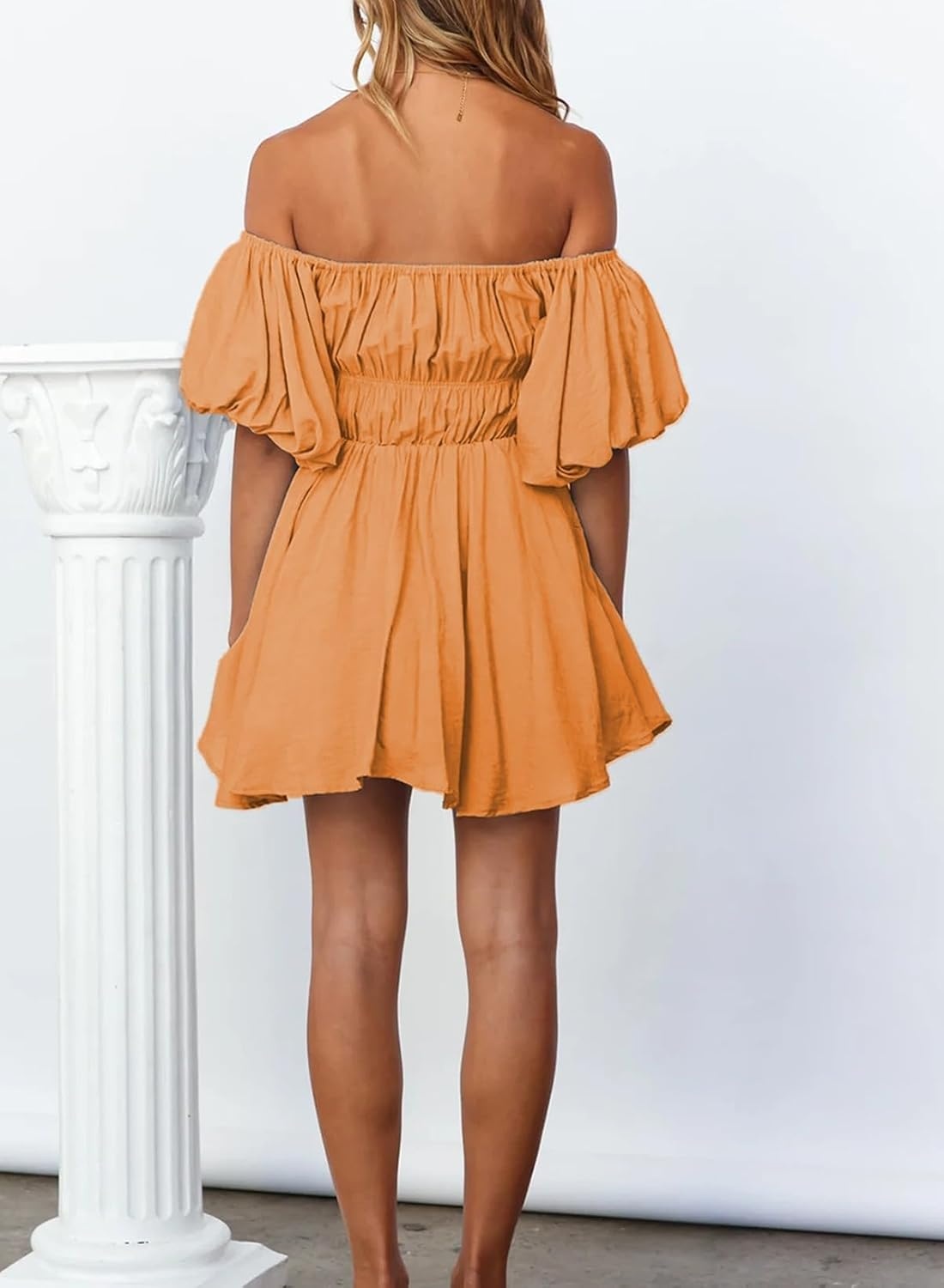image:imageDokotoo Womens Off The Shoulder Elastic Waist Summer DressesD Orange