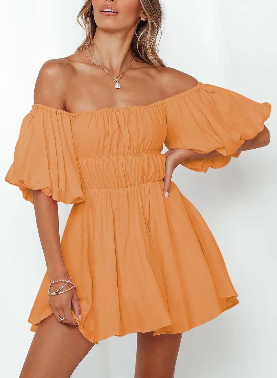 image:imageDokotoo Womens Off The Shoulder Elastic Waist Summer DressesD Orange