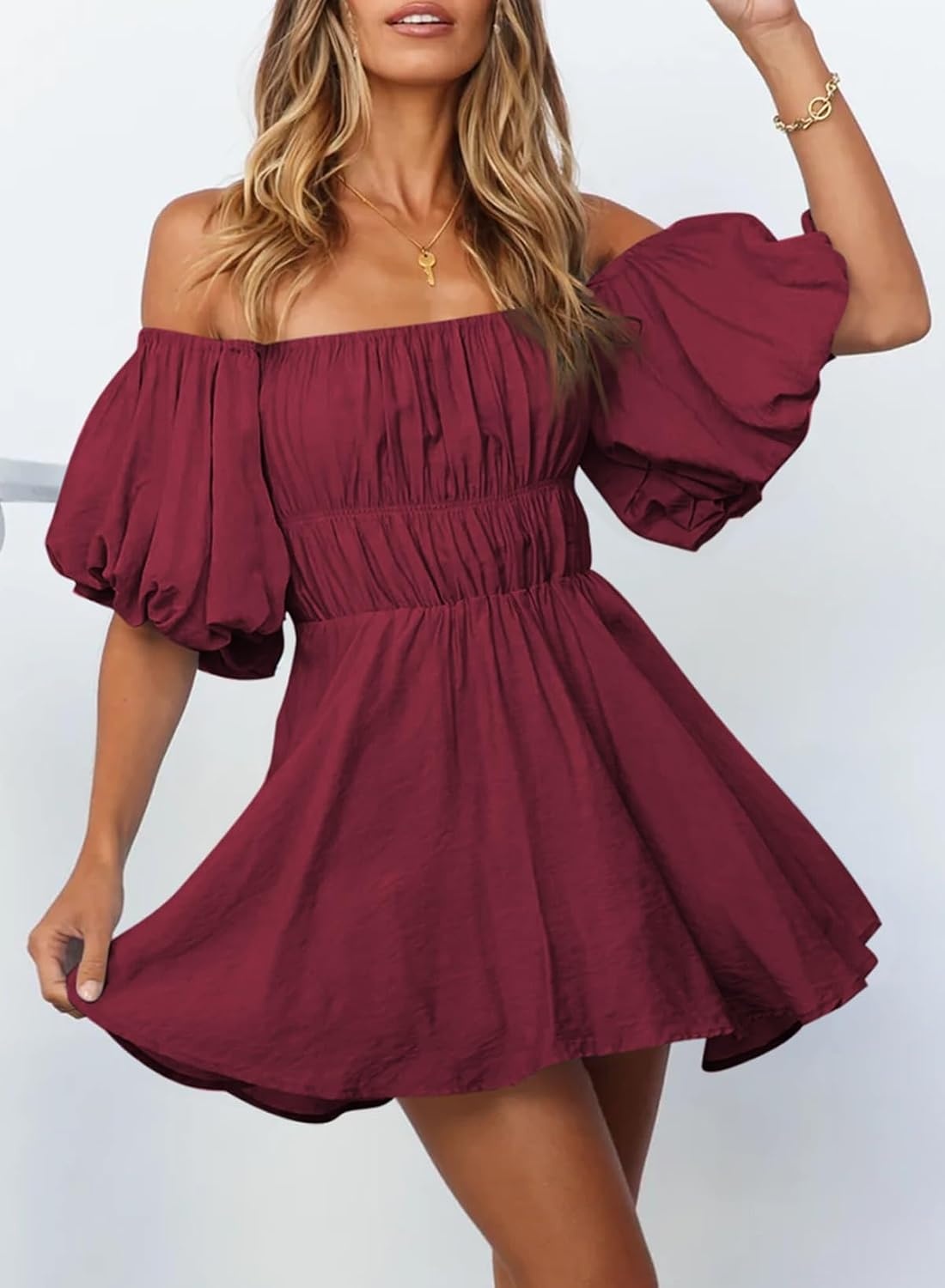 image:imageDokotoo Womens Off The Shoulder Elastic Waist Summer DressesD Red