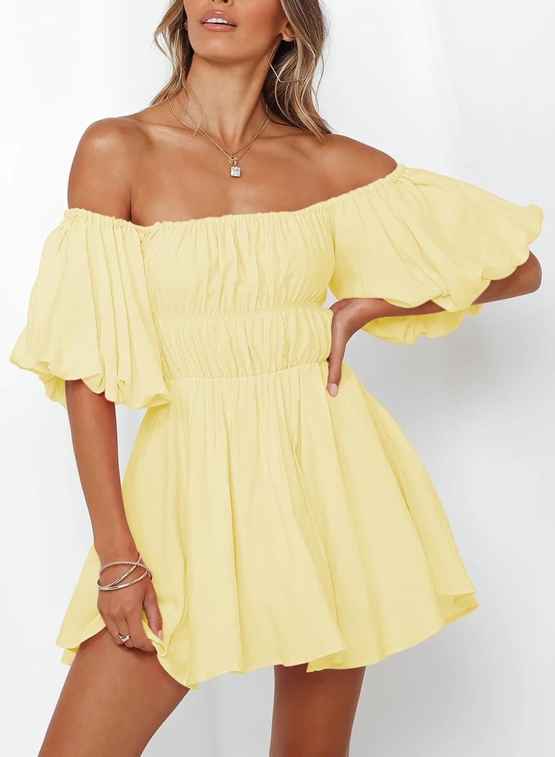 image:imageDokotoo Womens Off The Shoulder Elastic Waist Summer DressesD Yellow