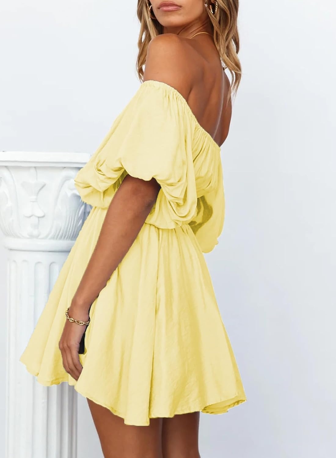 image:imageDokotoo Womens Off The Shoulder Elastic Waist Summer DressesD Yellow