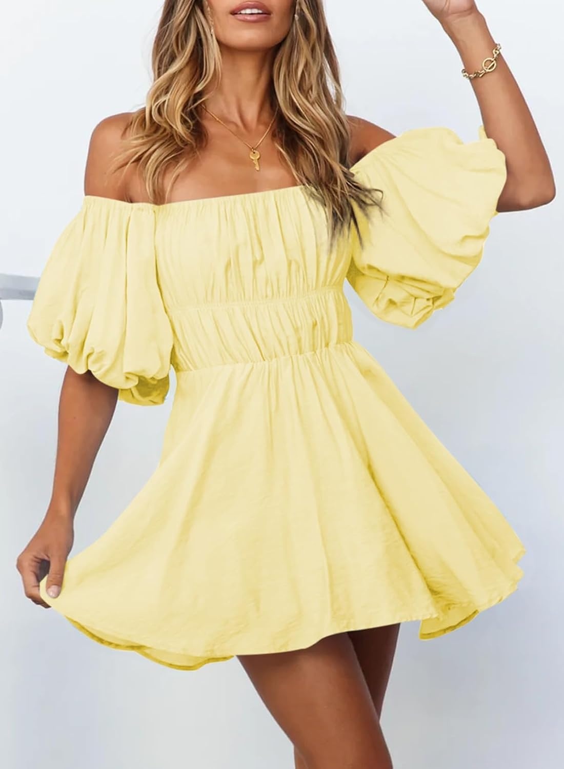 image:imageDokotoo Womens Off The Shoulder Elastic Waist Summer DressesD Yellow