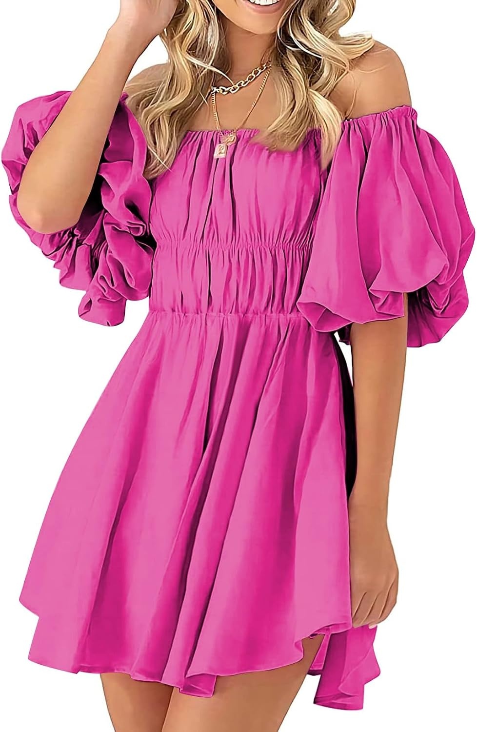 image:imageDokotoo Womens Off The Shoulder Elastic Waist Summer DressesHot Pink