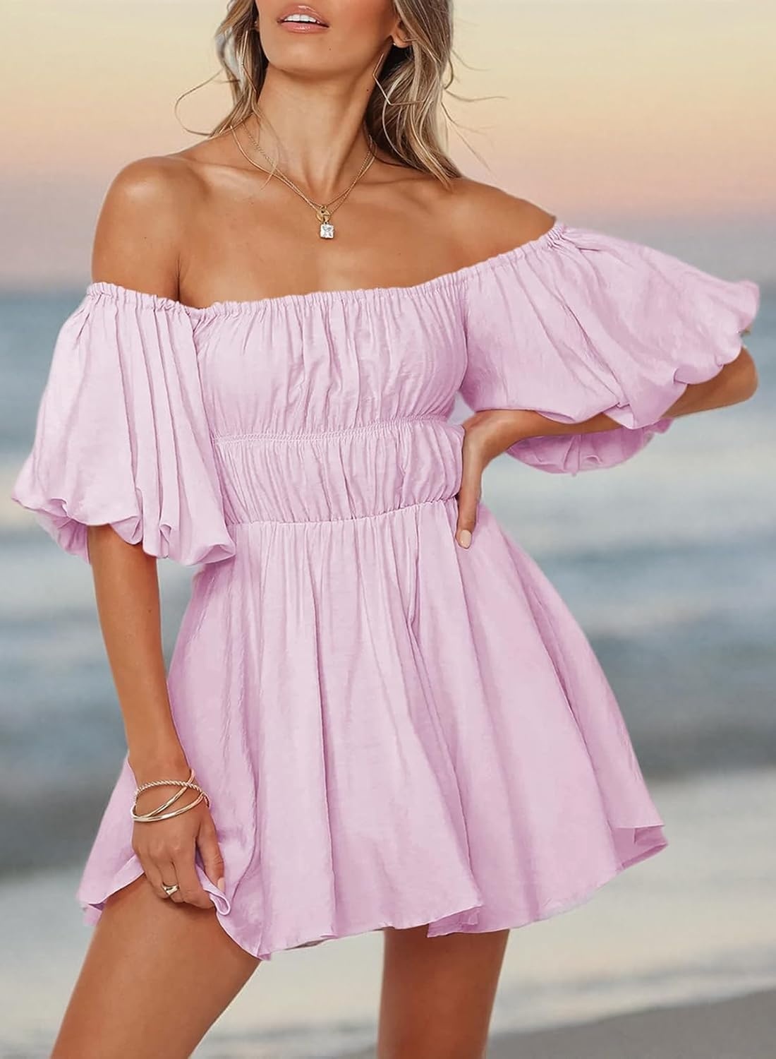 image:imageDokotoo Womens Off The Shoulder Elastic Waist Summer DressesPurple