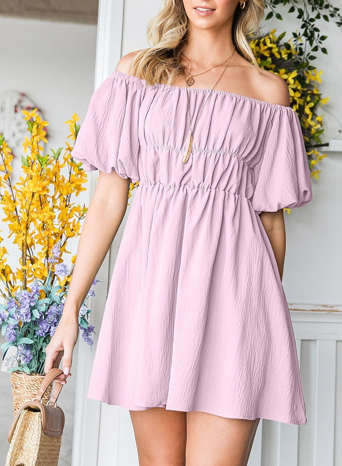 image:imageDokotoo Womens Off The Shoulder Elastic Waist Summer DressesPurple
