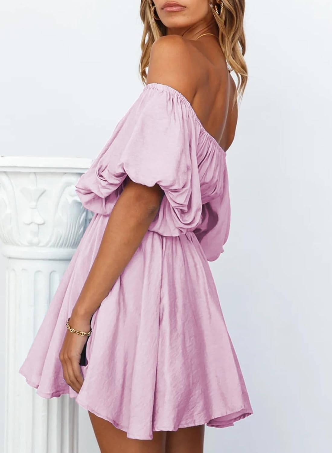 image:imageDokotoo Womens Off The Shoulder Elastic Waist Summer DressesPurple