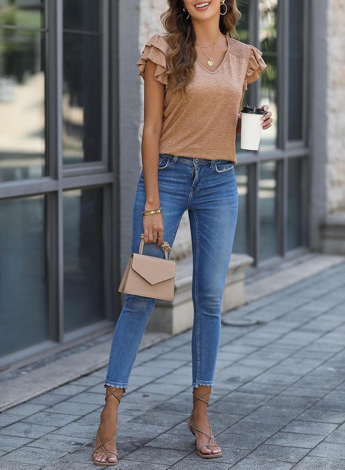 image:imageDokotoo Womens Ruffle Short Sleeve Tops 2026 Solid Color T ShirtsAapricot Khaki