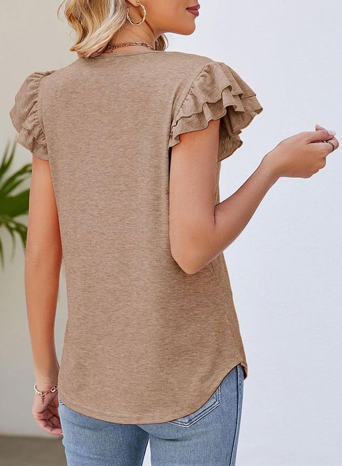 image:imageDokotoo Womens Ruffle Short Sleeve Tops 2026 Solid Color T ShirtsAapricot Khaki
