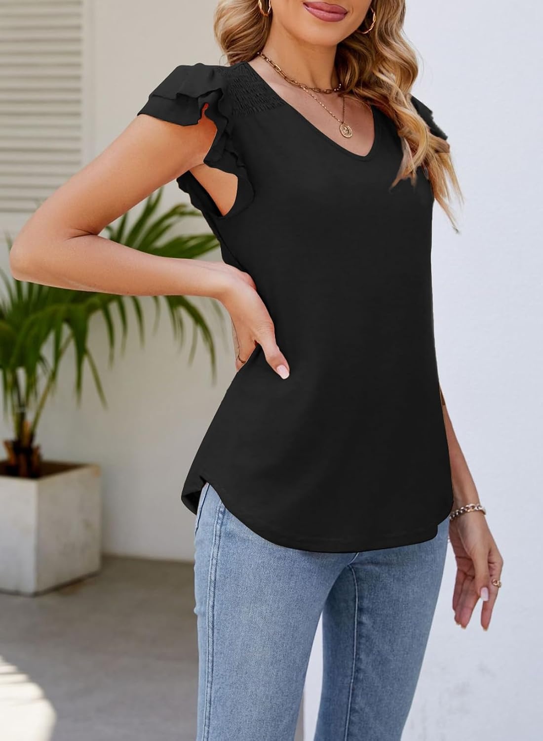 image:imageDokotoo Womens Ruffle Short Sleeve Tops 2026 Solid Color T ShirtsAblack
