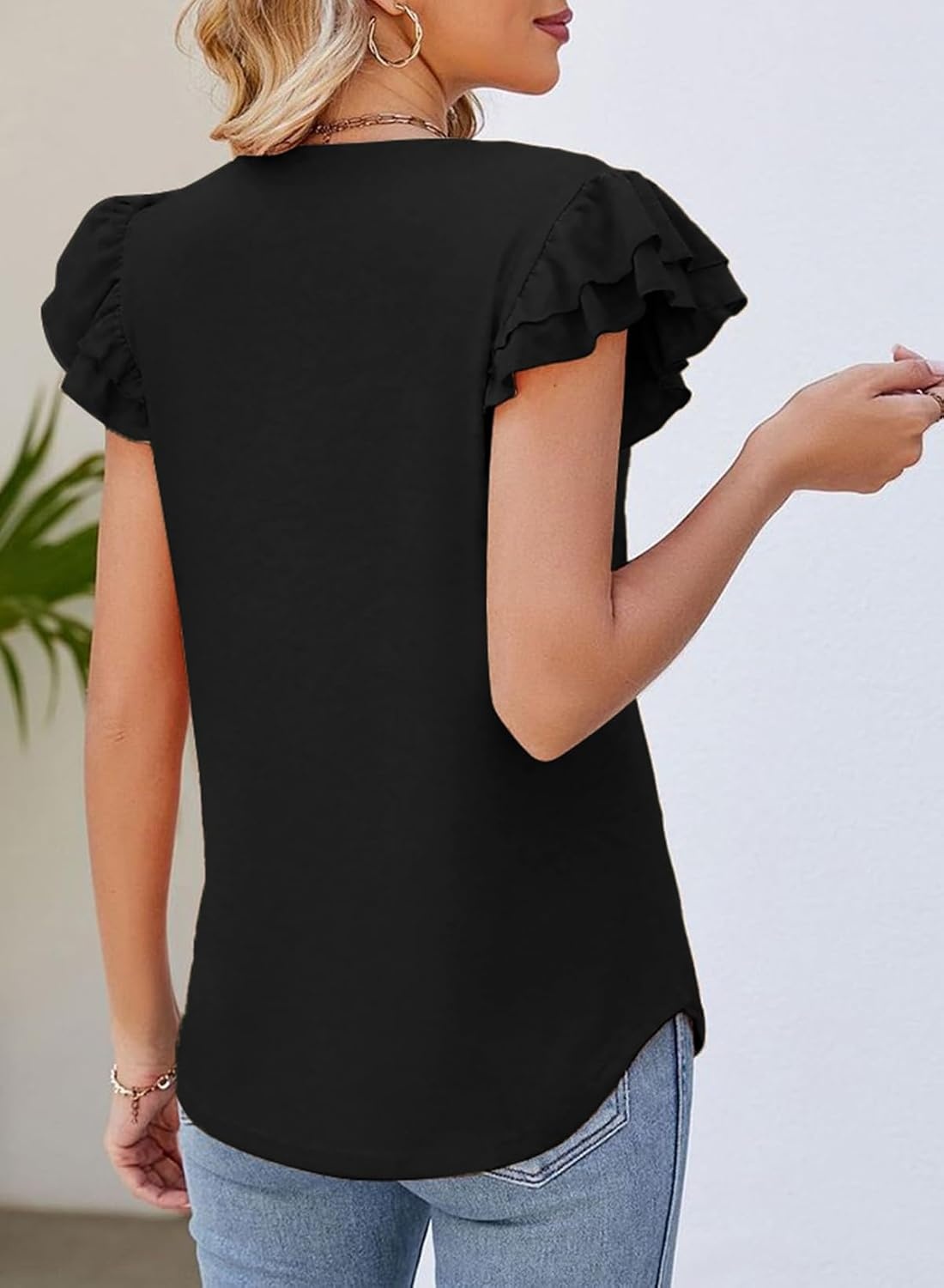 image:imageDokotoo Womens Ruffle Short Sleeve Tops 2026 Solid Color T ShirtsAblack