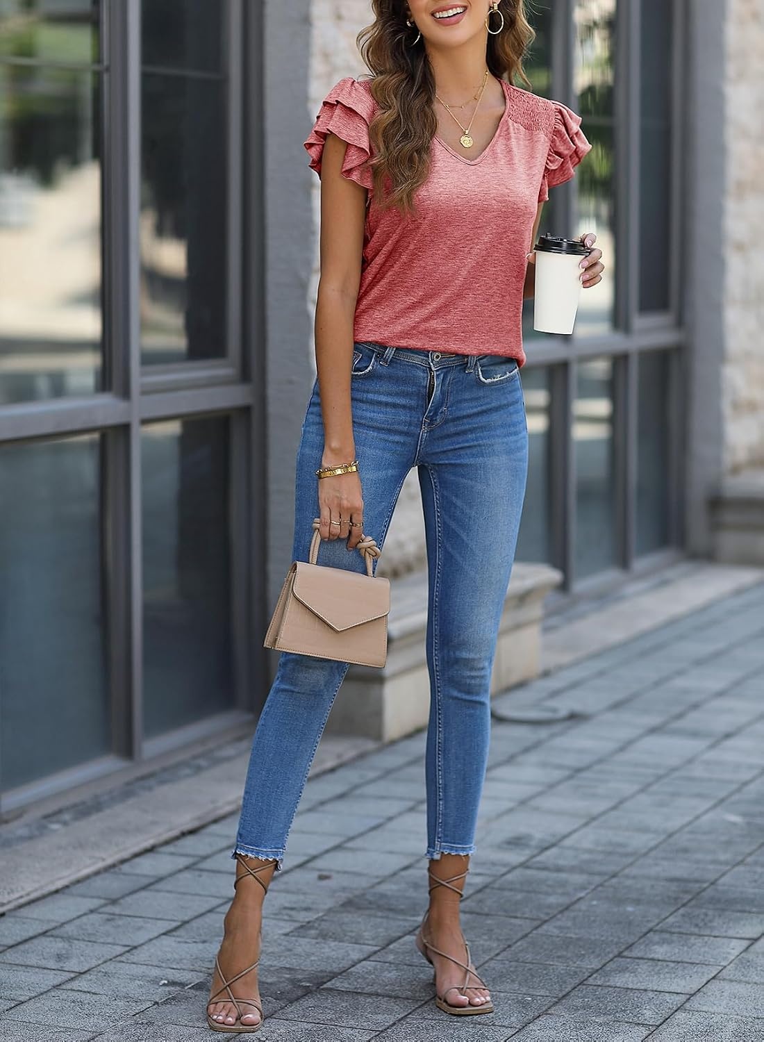 image:imageDokotoo Womens Ruffle Short Sleeve Tops 2026 Solid Color T ShirtsAcoral Paradise