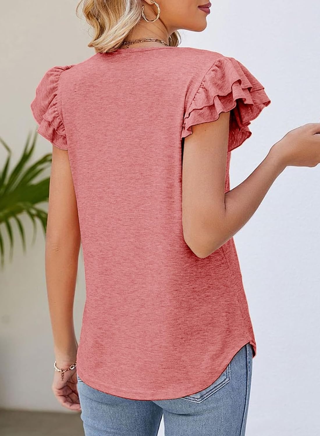 image:imageDokotoo Womens Ruffle Short Sleeve Tops 2026 Solid Color T ShirtsAcoral Paradise