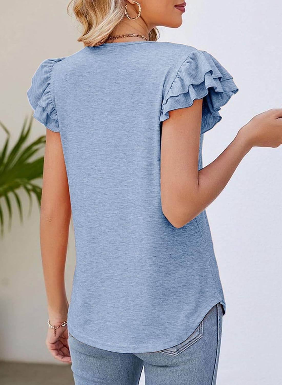 image:imageDokotoo Womens Ruffle Short Sleeve Tops 2026 Solid Color T ShirtsAlight Sky Blue