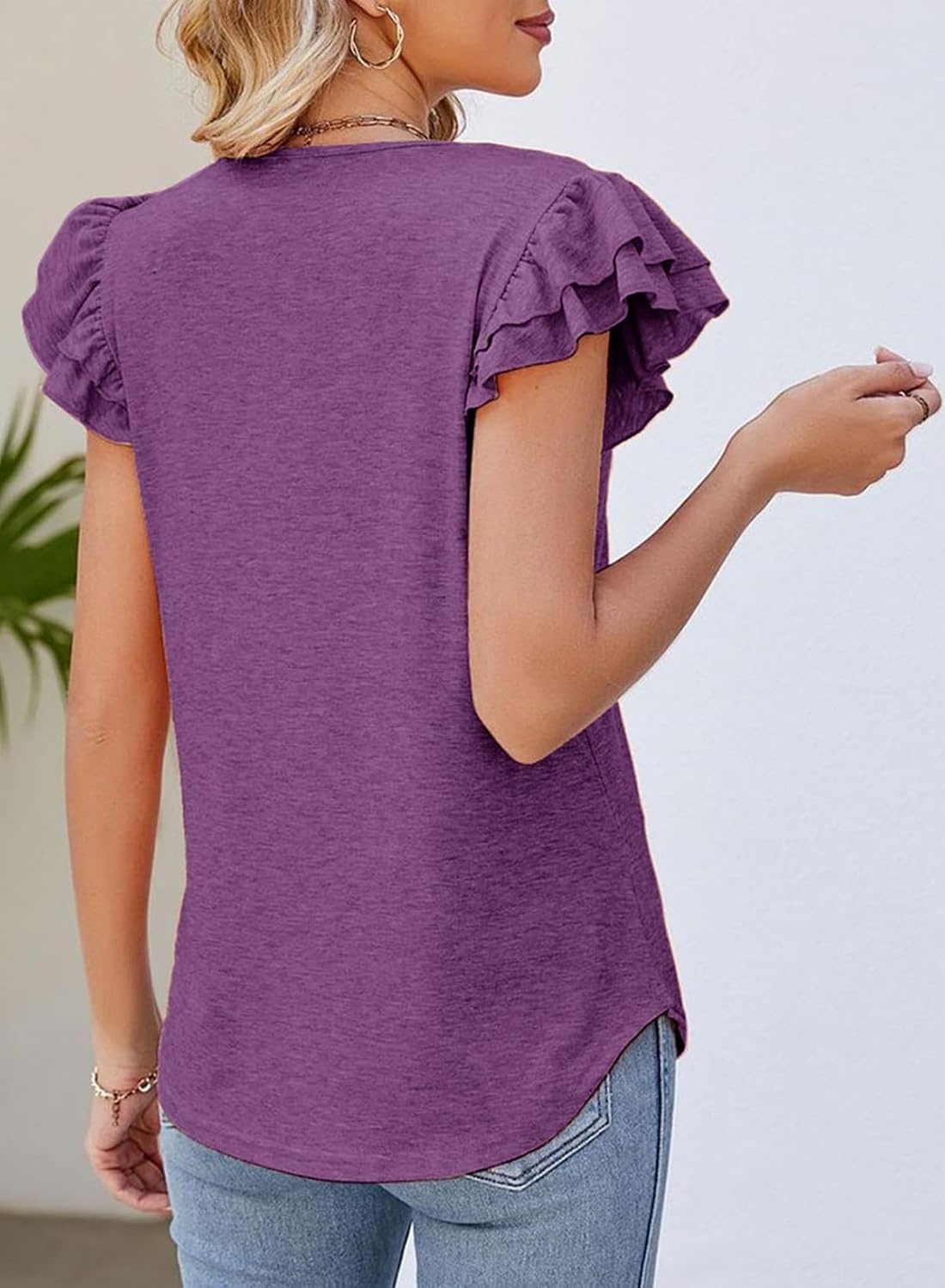image:imageDokotoo Womens Ruffle Short Sleeve Tops 2026 Solid Color T ShirtsApurple