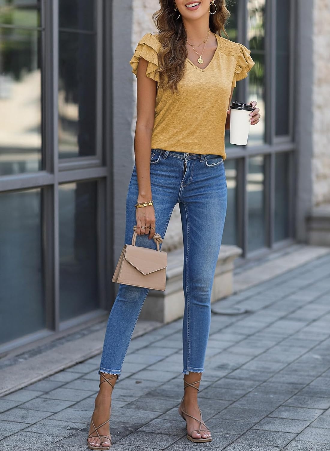 image:imageDokotoo Womens Ruffle Short Sleeve Tops 2026 Solid Color T ShirtsBeige