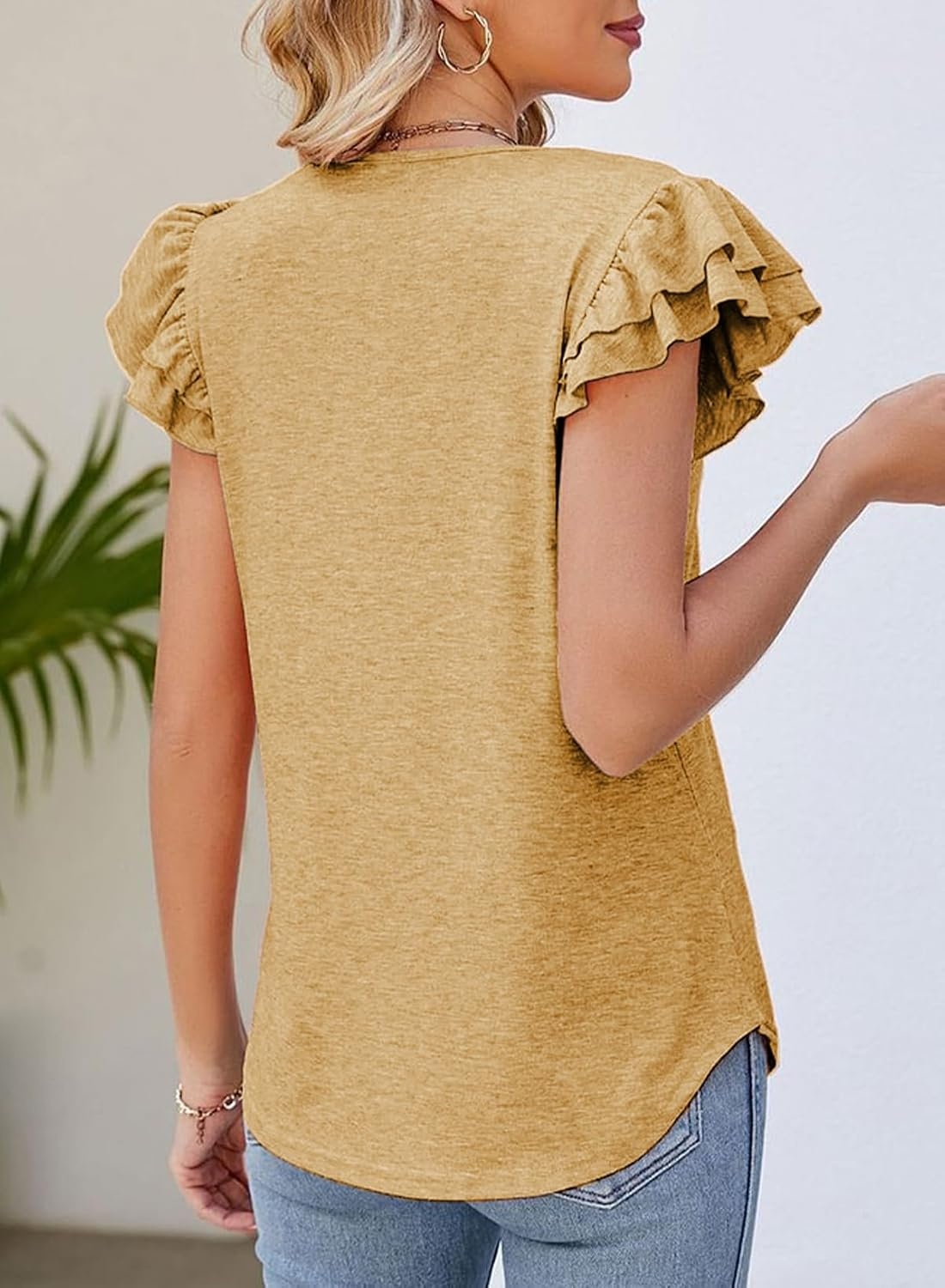 image:imageDokotoo Womens Ruffle Short Sleeve Tops 2026 Solid Color T ShirtsBeige