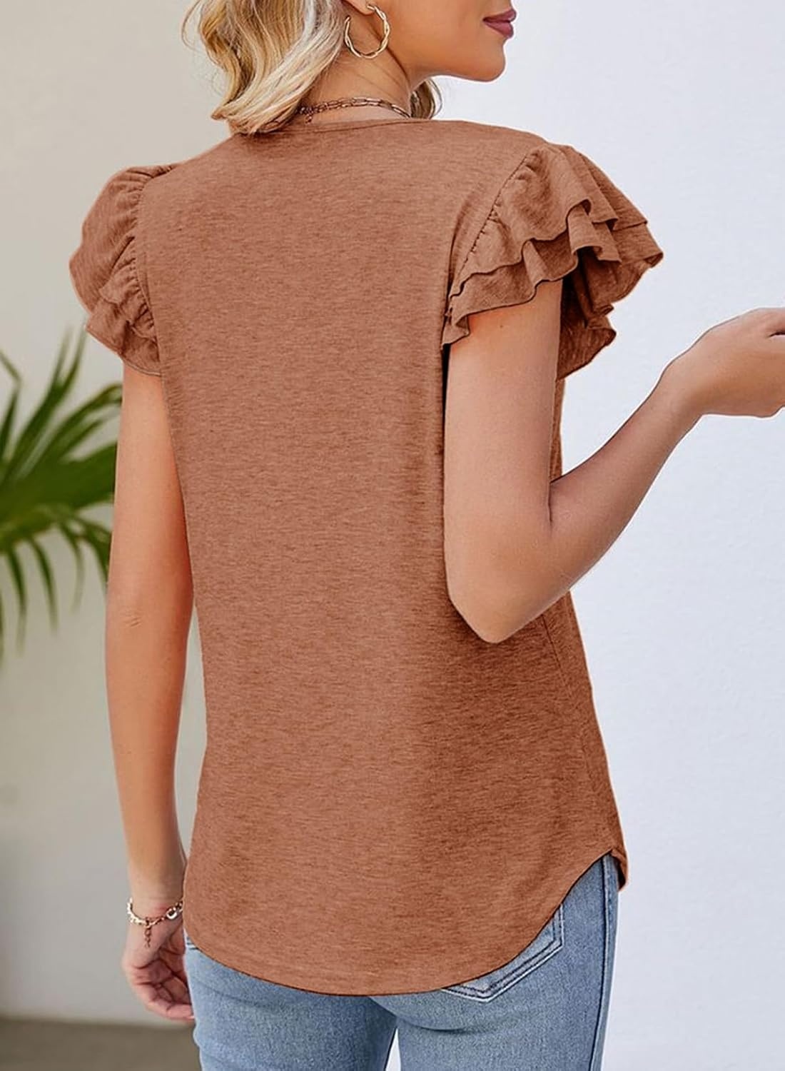 image:imageDokotoo Womens Ruffle Short Sleeve Tops 2026 Solid Color T ShirtsChestnut