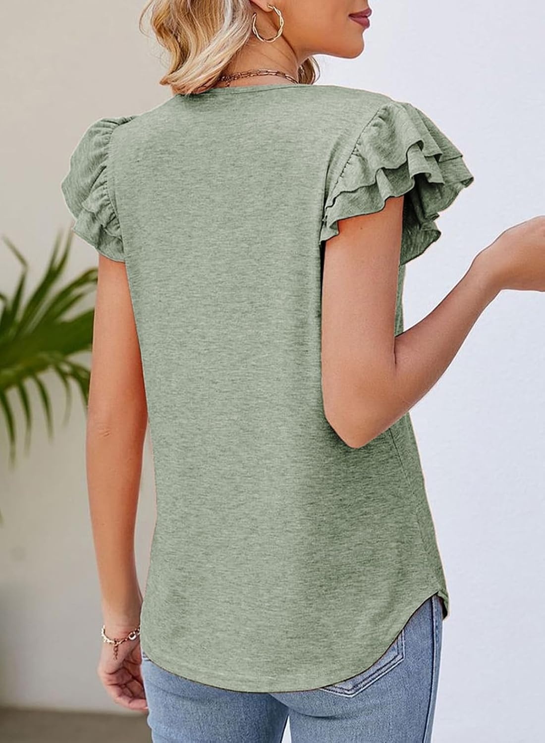 image:imageDokotoo Womens Ruffle Short Sleeve Tops 2026 Solid Color T ShirtsGrass Green