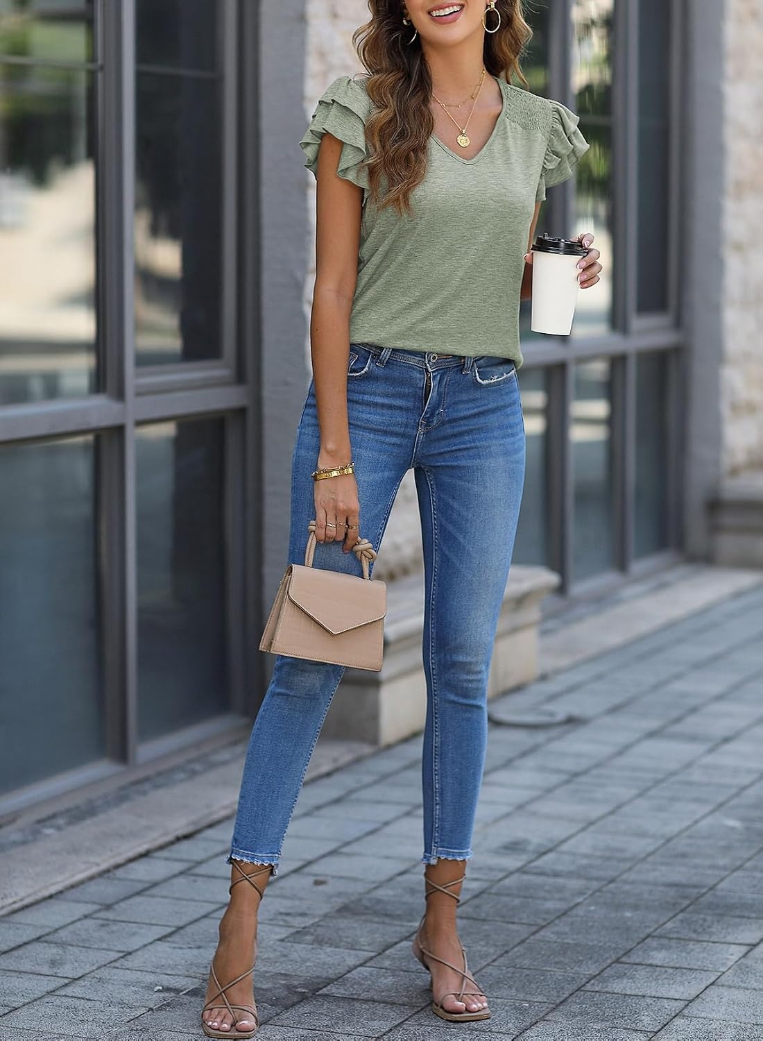 image:imageDokotoo Womens Ruffle Short Sleeve Tops 2026 Solid Color T ShirtsGrass Green