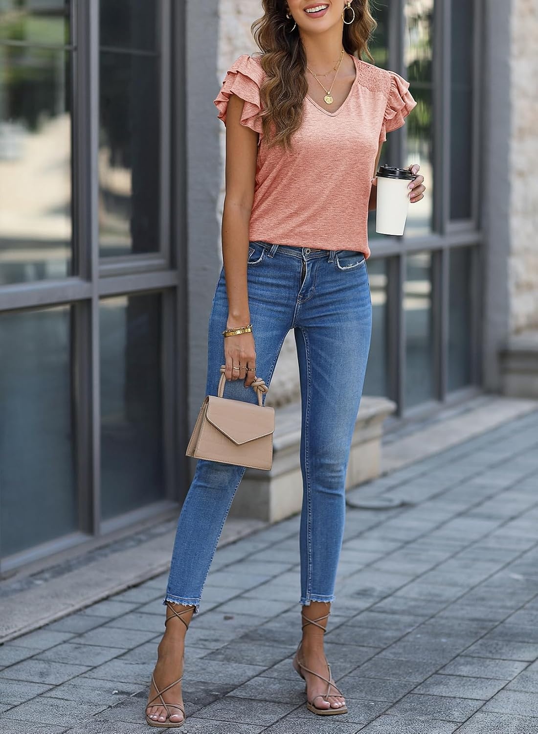 image:imageDokotoo Womens Ruffle Short Sleeve Tops 2026 Solid Color T ShirtsPeach Blossom