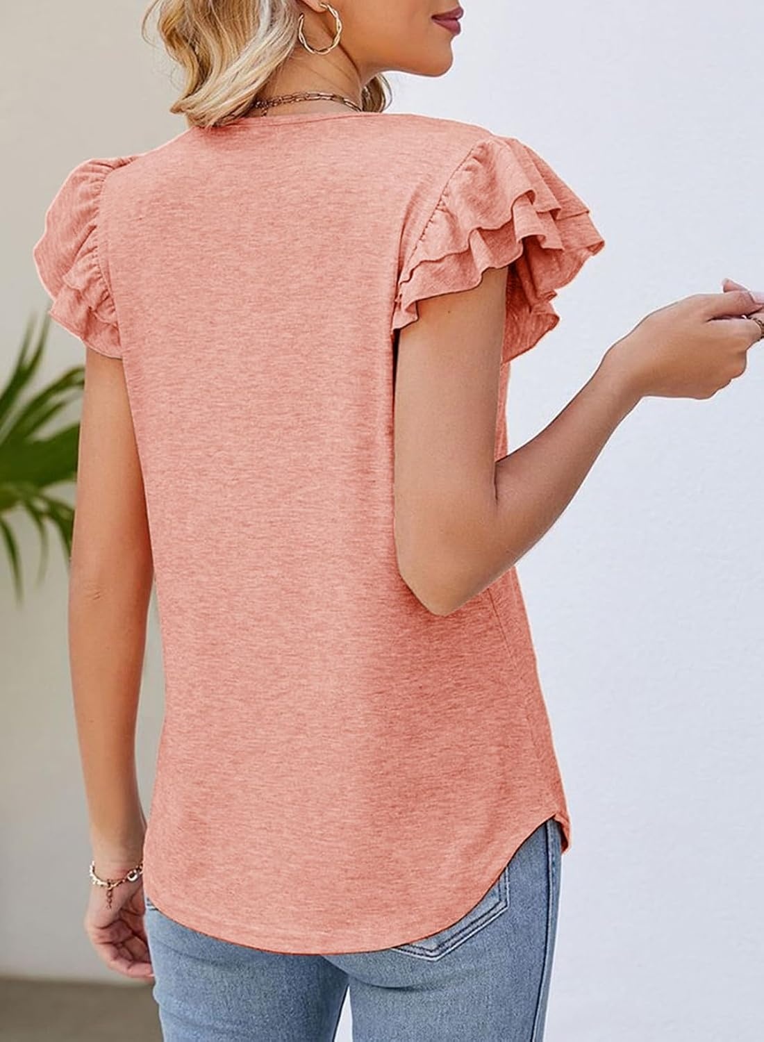 image:imageDokotoo Womens Ruffle Short Sleeve Tops 2026 Solid Color T ShirtsPeach Blossom