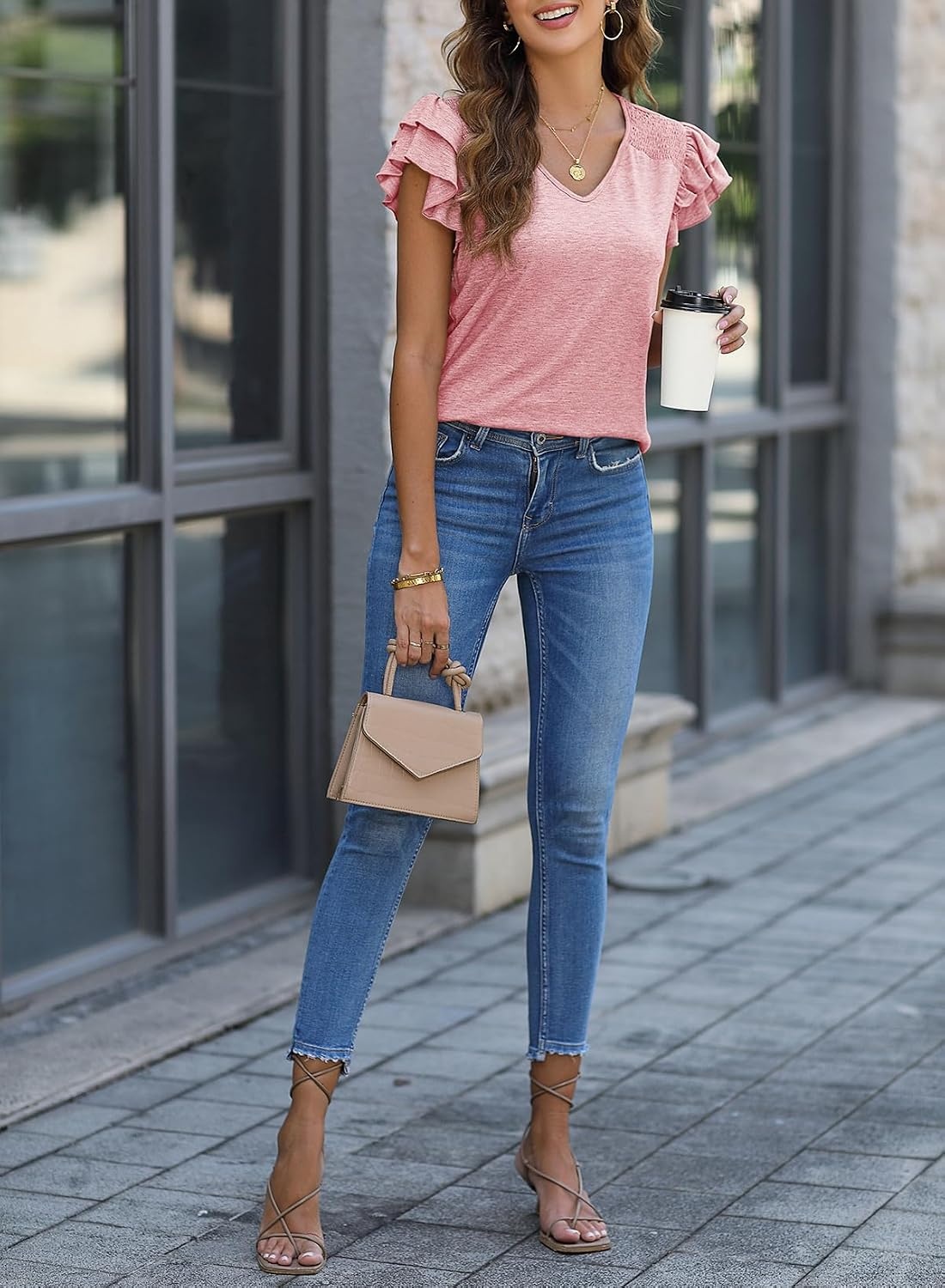 image:imageDokotoo Womens Ruffle Short Sleeve Tops 2026 Solid Color T ShirtsPink