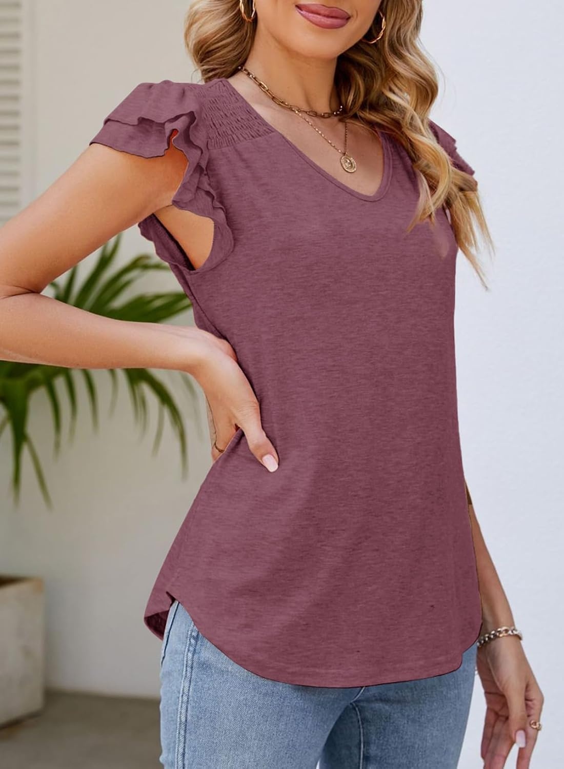 image:imageDokotoo Womens Ruffle Short Sleeve Tops 2026 Solid Color T ShirtsRed Dahlia