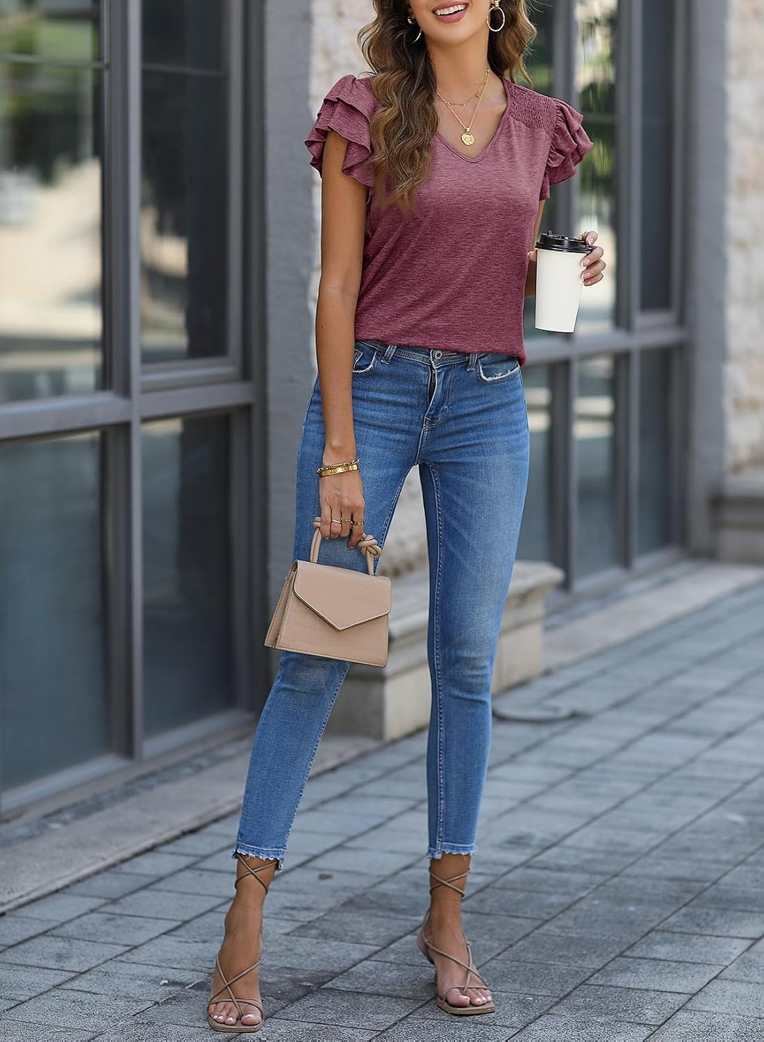 image:imageDokotoo Womens Ruffle Short Sleeve Tops 2026 Solid Color T ShirtsRed Dahlia