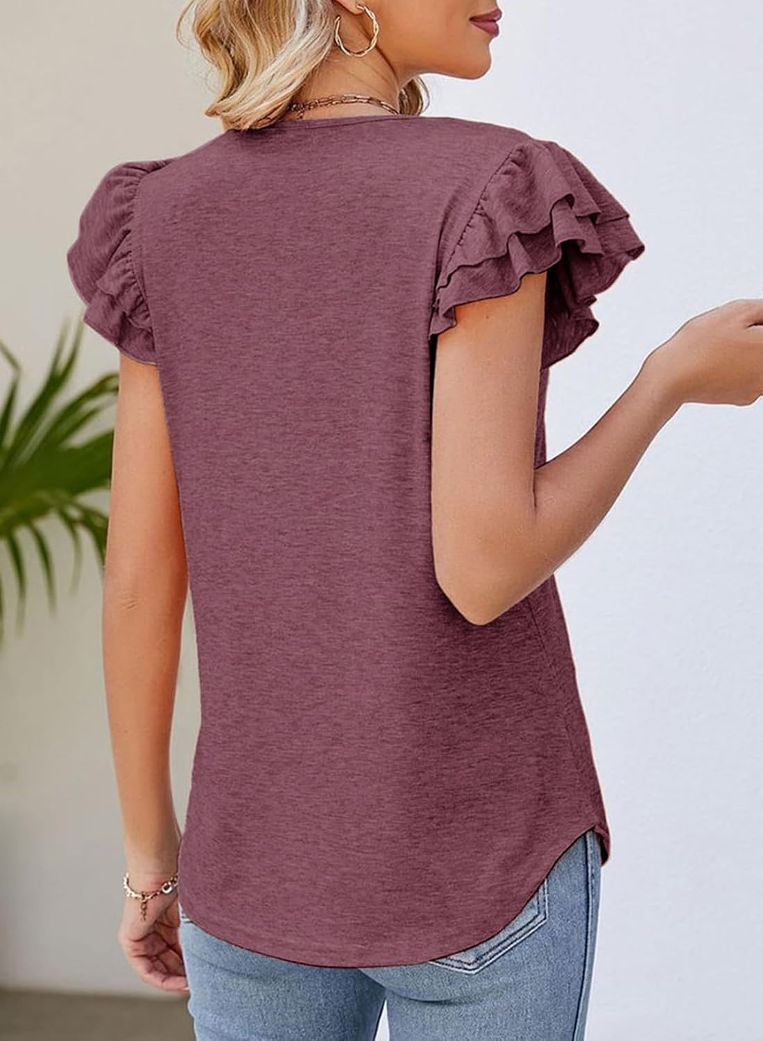 image:imageDokotoo Womens Ruffle Short Sleeve Tops 2026 Solid Color T ShirtsRed Dahlia