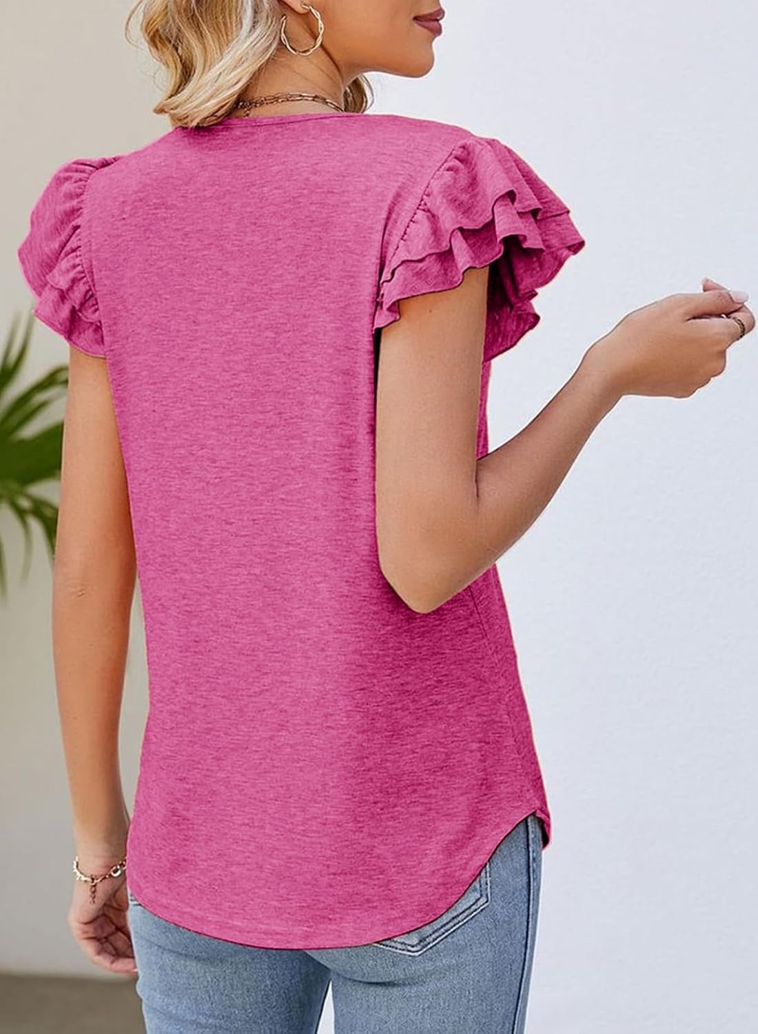 image:imageDokotoo Womens Ruffle Short Sleeve Tops 2026 Solid Color T ShirtsRose Red