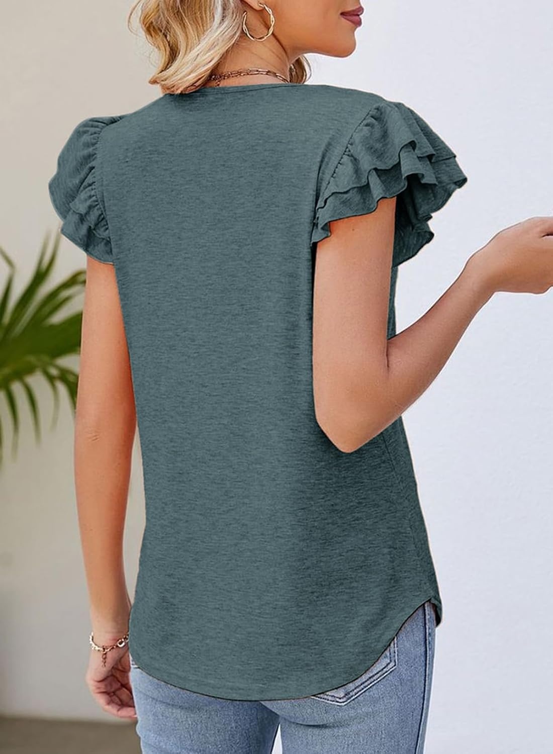 image:imageDokotoo Womens Ruffle Short Sleeve Tops 2026 Solid Color T ShirtsSea Green