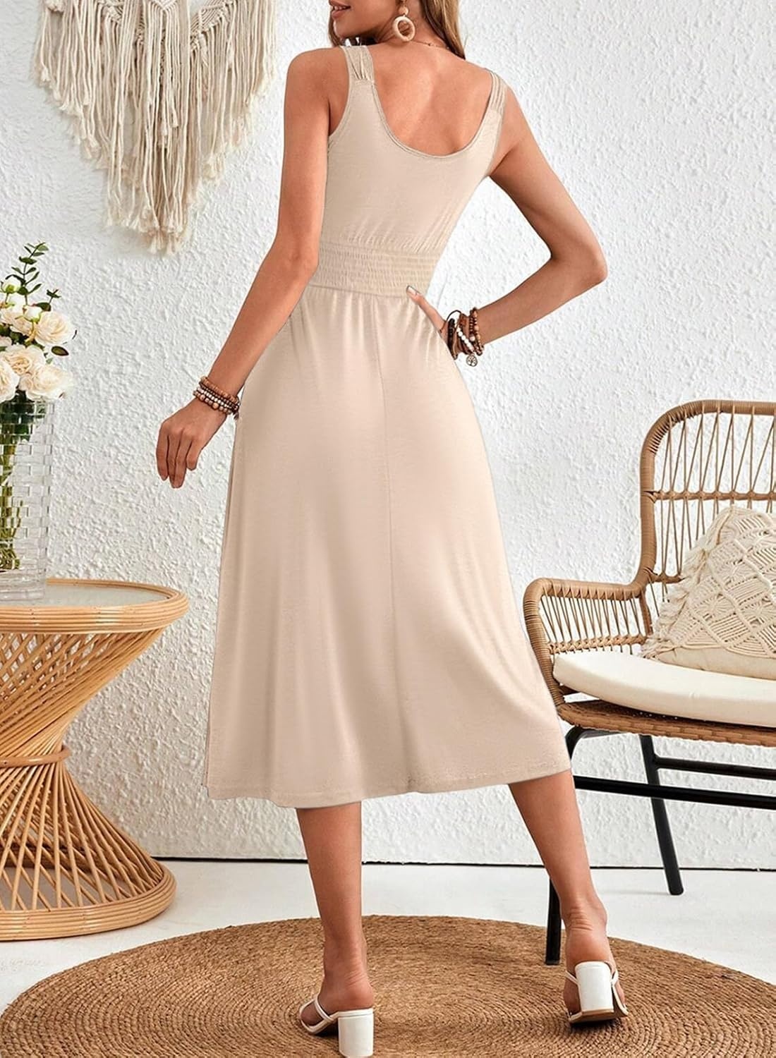 image:imageDokotoo Womens Summer Dresses 2025 Sleeveless Button Down Smocked Empire Waist Casual ALine Swing Midi Dress SundressApricot