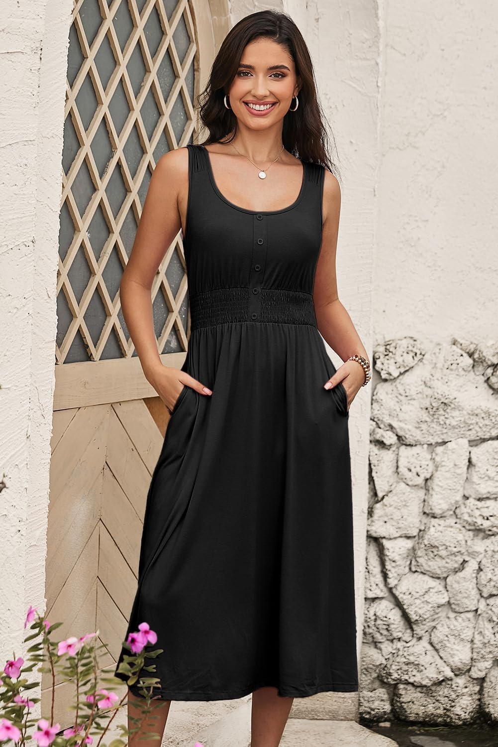 image:imageDokotoo Womens Summer Dresses 2025 Sleeveless Button Down Smocked Empire Waist Casual ALine Swing Midi Dress SundressBlack