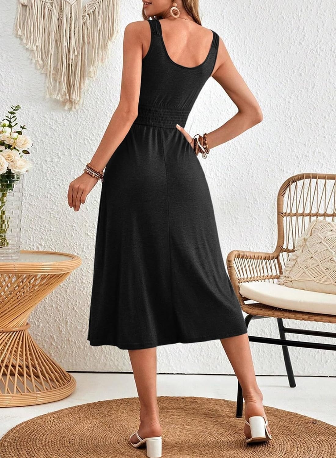 image:imageDokotoo Womens Summer Dresses 2025 Sleeveless Button Down Smocked Empire Waist Casual ALine Swing Midi Dress SundressBlack