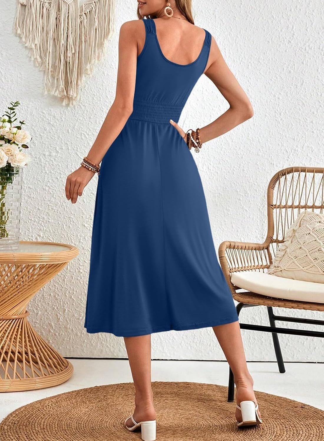 image:imageDokotoo Womens Summer Dresses 2025 Sleeveless Button Down Smocked Empire Waist Casual ALine Swing Midi Dress SundressBlue