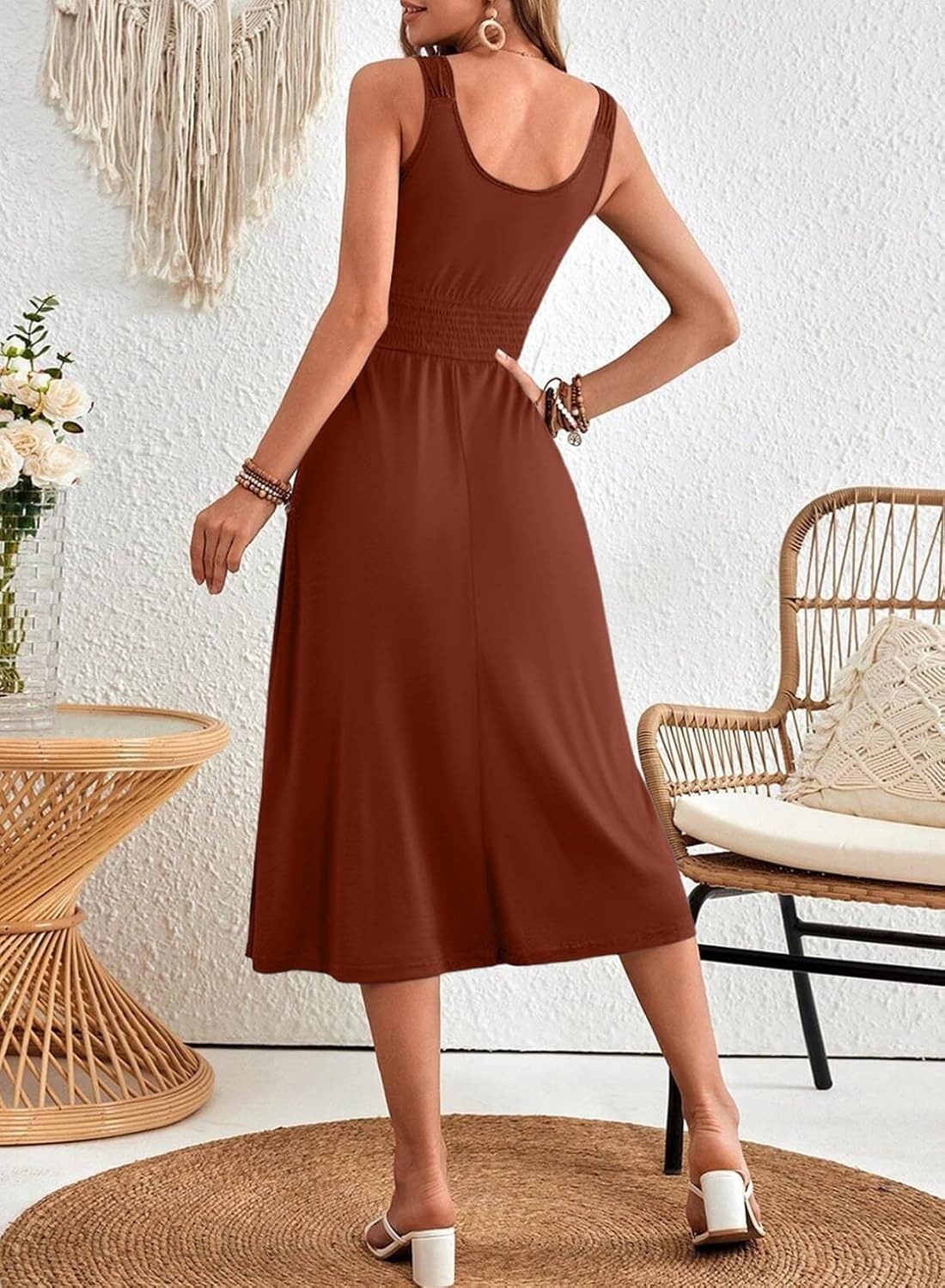 image:imageDokotoo Womens Summer Dresses 2025 Sleeveless Button Down Smocked Empire Waist Casual ALine Swing Midi Dress SundressBrown