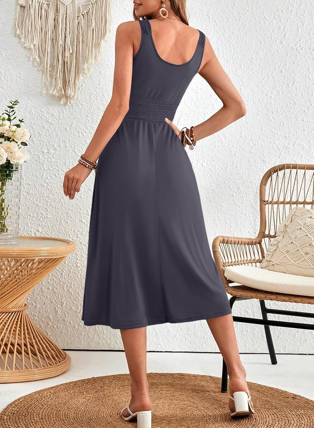 image:imageDokotoo Womens Summer Dresses 2025 Sleeveless Button Down Smocked Empire Waist Casual ALine Swing Midi Dress SundressGrey