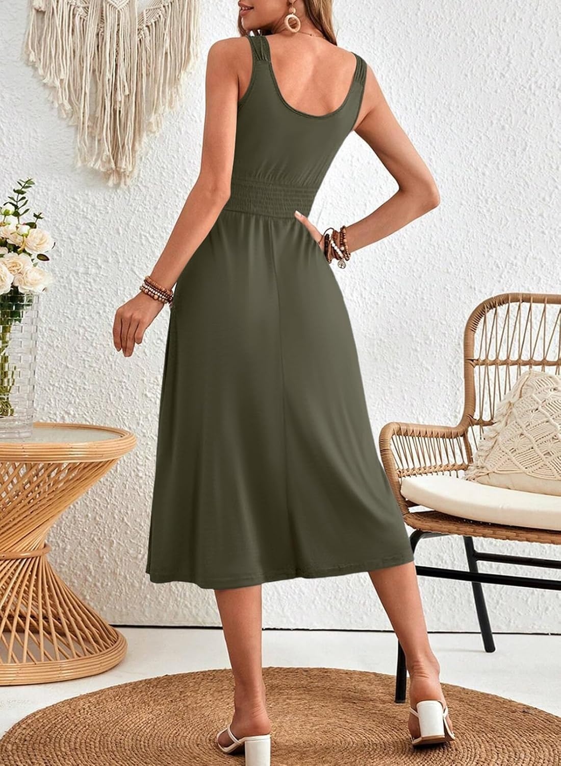 image:imageDokotoo Womens Summer Dresses 2025 Sleeveless Button Down Smocked Empire Waist Casual ALine Swing Midi Dress SundressJungle Green