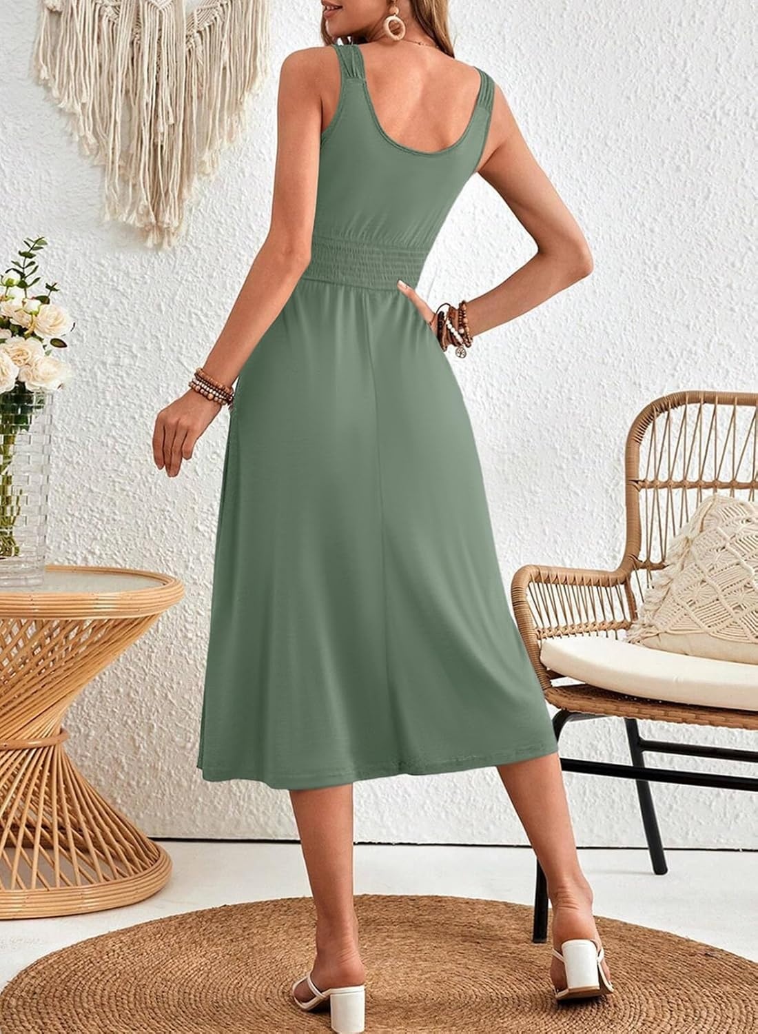 image:imageDokotoo Womens Summer Dresses 2025 Sleeveless Button Down Smocked Empire Waist Casual ALine Swing Midi Dress SundressMist Green